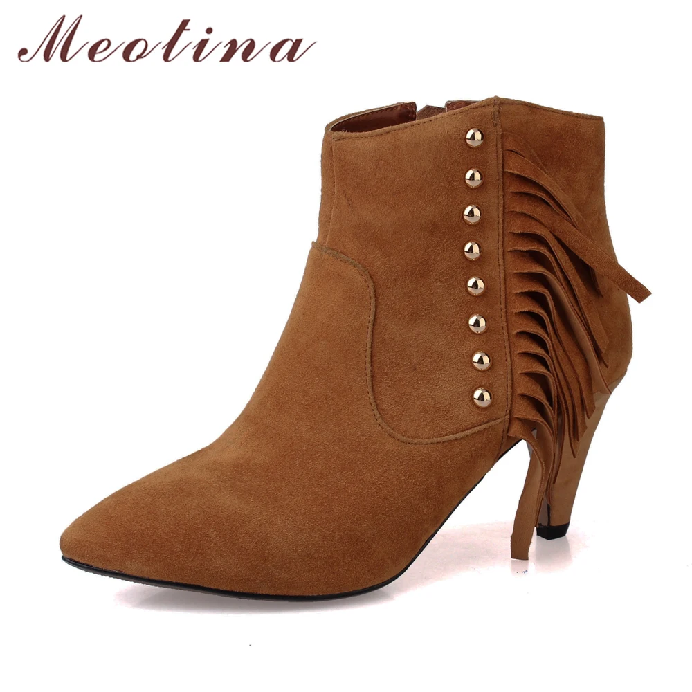 Meotina Tassels Genuine Leather Boots Women Rivets Ankle Boots Zip High