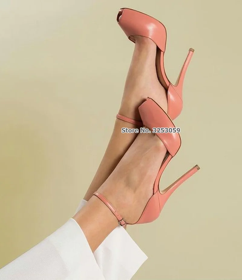 ALMUDENA Women Pink Matte Leather Peep Toe Dress Shoes Thin High Heels Ankle Buckle Strap Concise Pumps Elegant Banquet Shoes