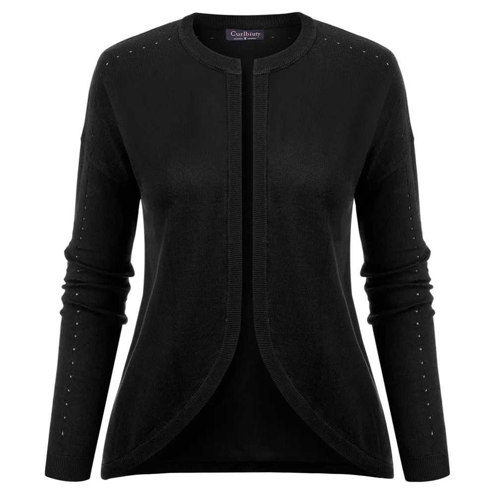 

black Women knitted coat sweater spring fall solid Long Sleeve Dropped Shoulders Irregular Hem Open Front Knitwear lady jacket