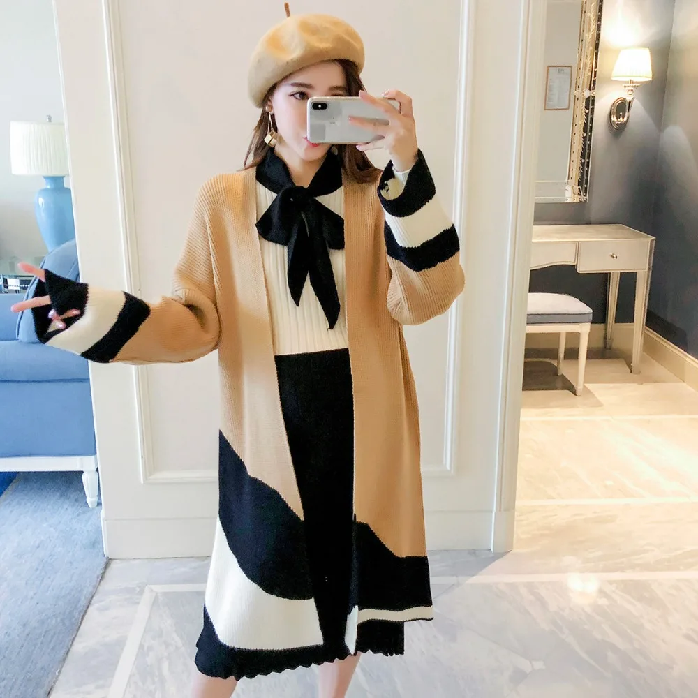 

Pregnant women sweater fashion models 2018 new winter mixed colors long section of loose cardigan sweater coat maternity