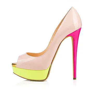 

Sexy Mixed Color Patchwork Dress Shoes Peep Toe Pink Yellow Patent Leather Stiletto Heels Pumps High Platform Party Shoes Size45