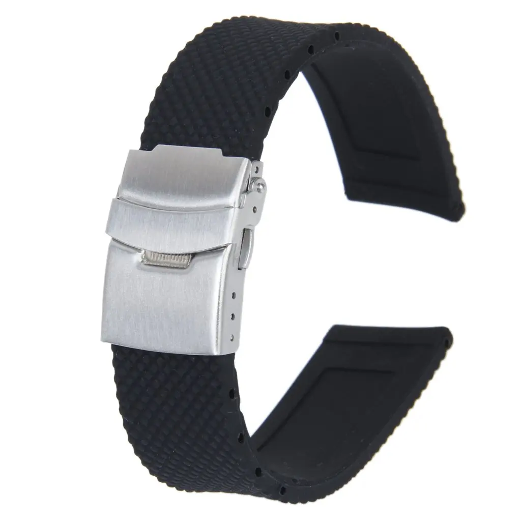 

Practical Watch Bands Sport Black Silicone Rubber Watch Strap Deployment Buckle Waterproof 22 mm