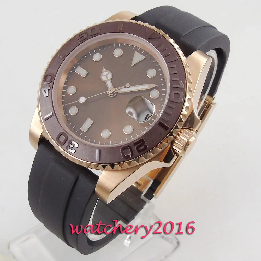 

40mm Bliger Brown Sterile Dial Rose Golden Plated Case Sapphire Glass Date Luminous Automatic Movement men's Watch