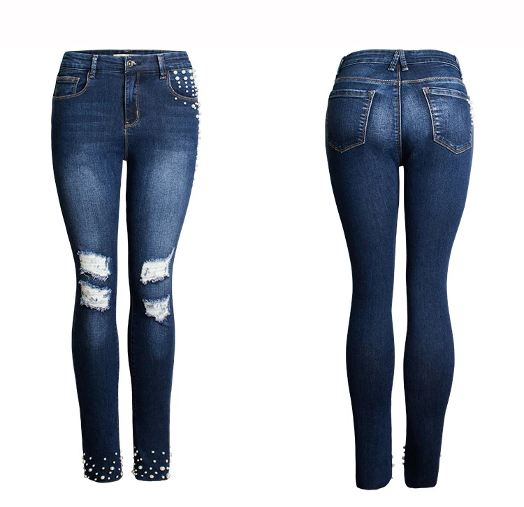 2018 Europe and the United States Women's new high-rise jeans Pearl beaded women's summer jeans trousers (11)