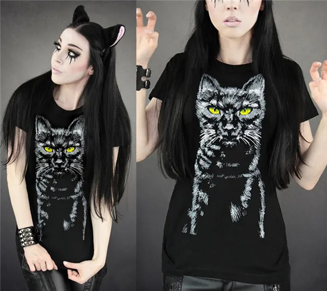 Punk Rock Clothing for Women Summer Style Black Cat Tops Short sleeve Europe T shirt Digital Printing HipHop Fitness Te Shirt|clothing studsrock brand clothing - AliExpress