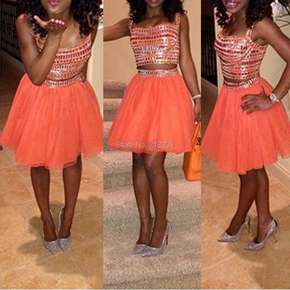 orange two piece prom dress