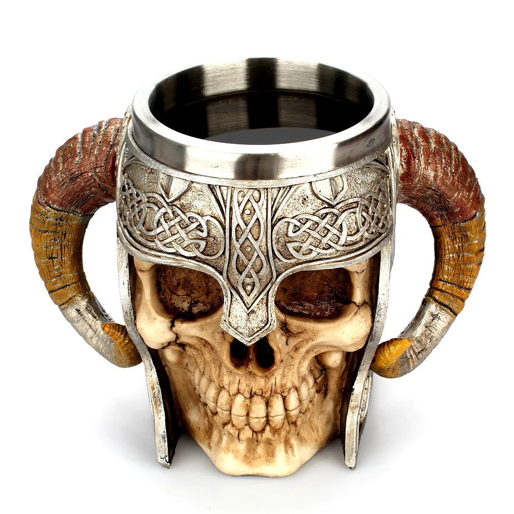 

Coffee Mug Resin Striking Warrior Tankard Viking Skull Double Wall Christmas Cup stainless steel skull mug resin coffee cup