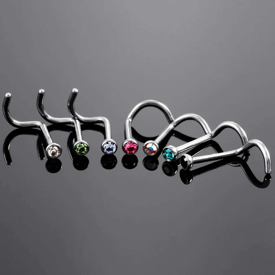 מוצר 1PC 100 Titanium Piercing Nose Ring Screw with Crystal Nose Studs Rings Body Jewelry