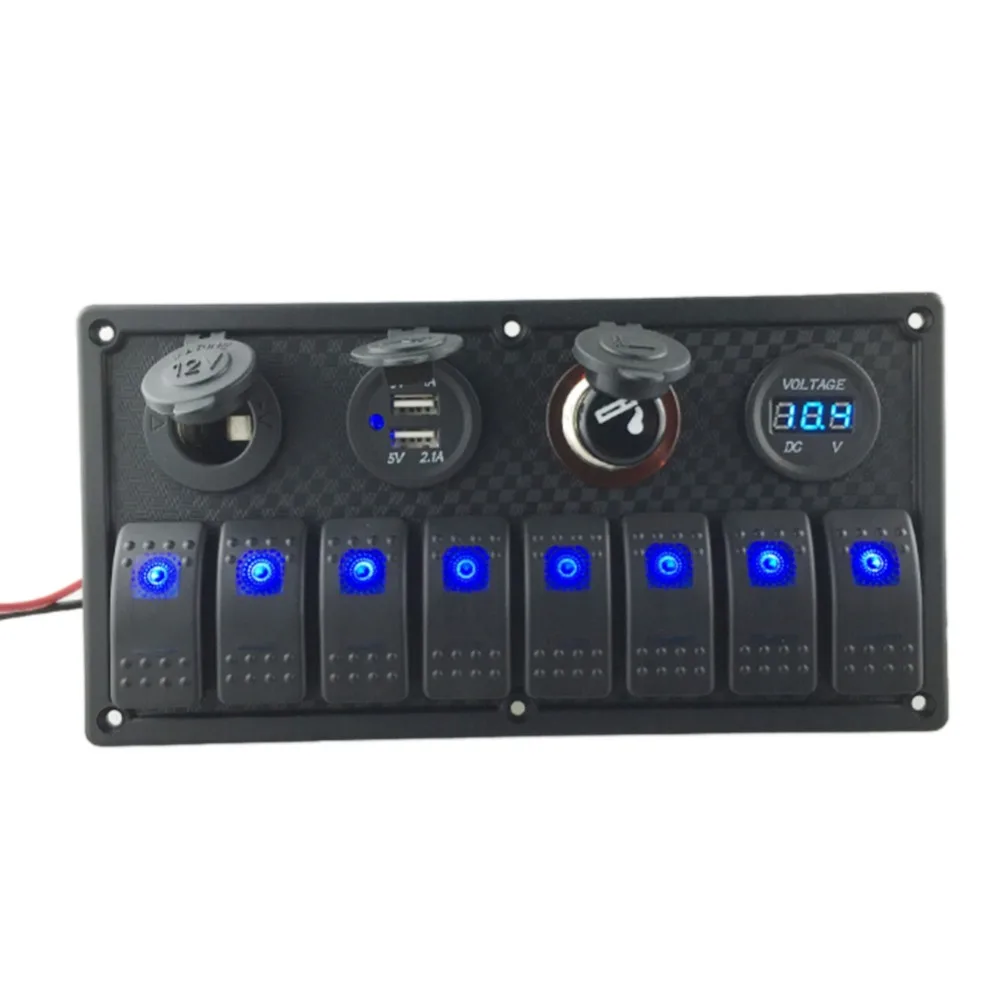 

Pro 8 Gang LED Car Boat Rocker Switch Panel Dual USB Cigarette Lighter Socket Voltmeter Auto Car Switch Panel LED Boat Switch Pa