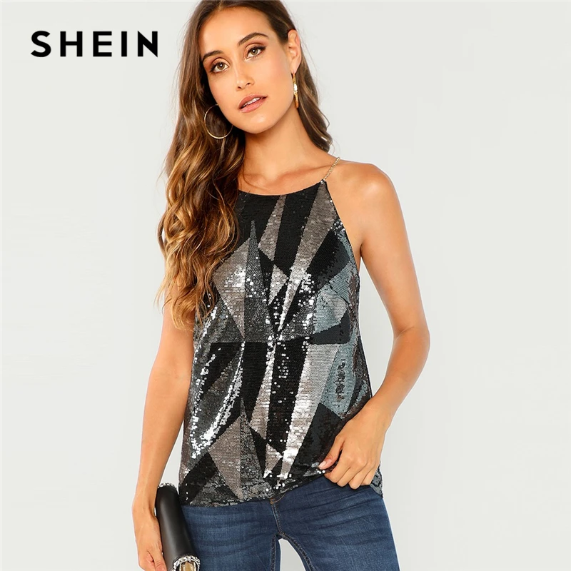 

SHEIN Multicolor Night Out Chain Strap Geo Sequin Cami Geometric Top Summer Women Sexy Fashion Spaghetti Strap Top Vest