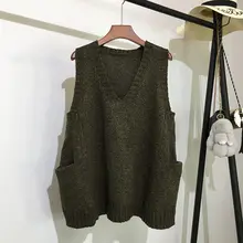 Весна-Осень, новинка, женский свободный вязаный жилет большого размера с v-образным вырезом, женский свитер без рукавов LQ653