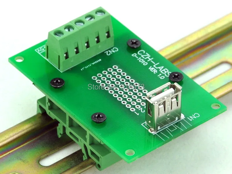USB Type A Female Vertical Jack Breakout Board, w/Simple DIN Rail Mount