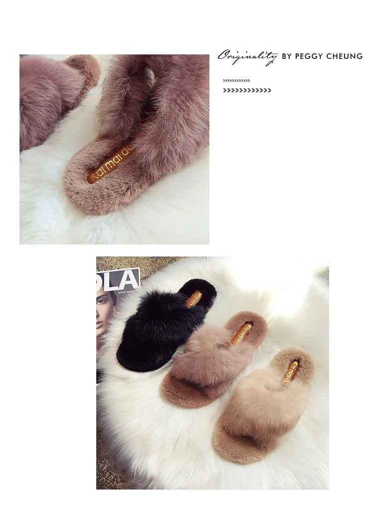 COOLSA Women's Fluffy Rabbit Fur Slippers Fashion Indoor Cross Fur Slides Casual Push Cotton Flip Flops Large Size Shoes