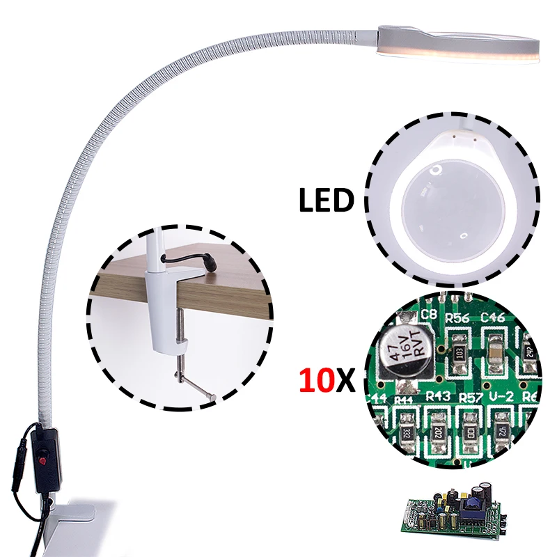  3X 5X 8X 10X Desk Clip-on Magnifying Glass Lamp Lighted Illuminated Optical Magnifier for PCB Inspe - 33006779969