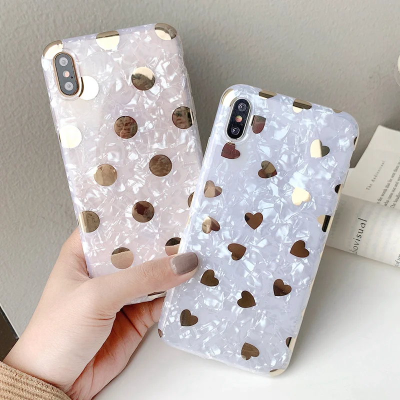 

Plating Gold Heart and Polka Dot Case For iPhone 7 Plus TPU Case for iPhone XS MAX XR X S 6 6S 8 Plus Soft Silicone Back Cover