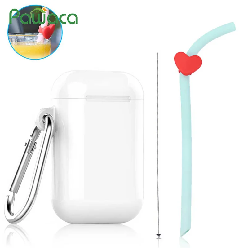 Портативная Складная Силиконовая соломинка для питья декор в виде сердца многоразовая Складная изогнутая соломинка с чистящей щеткой и футлярами для путешествий