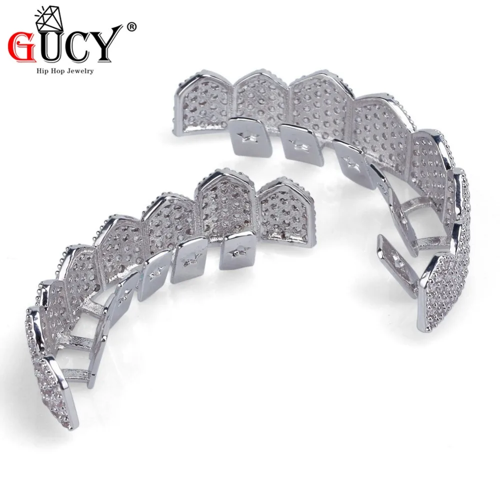 GUCY Custom Fit цвета: золотистый, серебристый все льдом хип-хоп ЗУБЫ Grillz микро Pave кубический циркон восемь верхних и нижних зубов грили набор