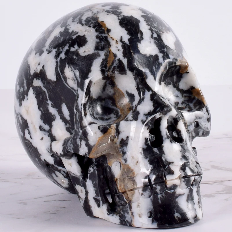 

4 Inch white black zebra Jasper Skull Figurine Natural Stone 737 g Handmade Unique Sculpture Craft Healing Reiki Home Decor