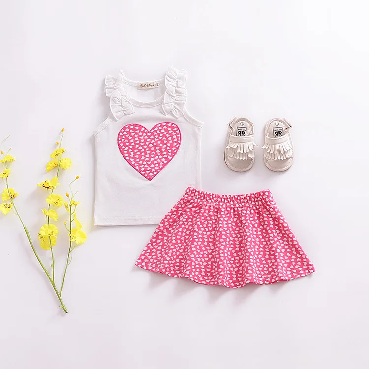 2018 new Baby Girl Summer Clothes Set Love Printed Cotton Shirts+Skirts