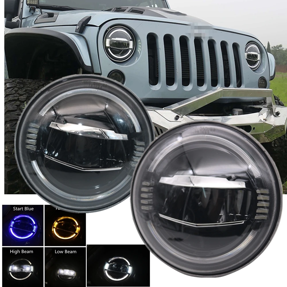 LED Headlights 7 Inch With Halo Ring Amber Turn Signal Lights V Type White DRL Hi Lo Beam For Jeep Wrangler Jk Tj Lj Cj Black