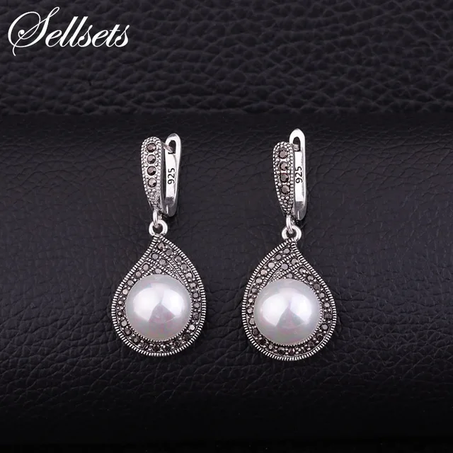 Sets Vintage Silver Color Teardrop Earring Pave Full Black Cz Sets Vintage Silver Color Teardrop Earring Pave Full Black Cz Rhinestone And Imitation Pearl Drop Earrings