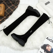 Женские высокие сапоги; Зимние Сапоги выше колена на платформе; повседневная обувь на толстой плоской подошве со шнуровкой и круглым носком; женская обувь