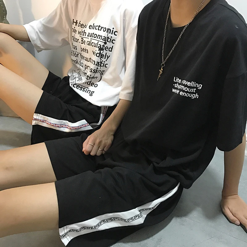 Харадзюку повседневные широкие шорты для женщин длиной до колена классические свободные шорты с белыми полосками корейских букв