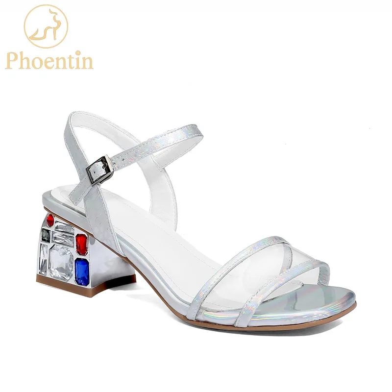 

Phoentin 2019 fashion transparent sandals buckle strap crystal square heels PVC upper summer woman shoes silver plus size FT674
