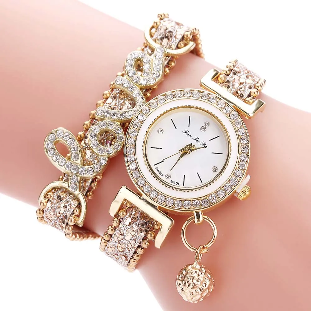 Модные женские Многослойные кварцевые часы с браслетом, сплав, кристалл, любовь, буквы, наручные часы, ювелирные изделия, подарки lxh - Цвет: Золотой