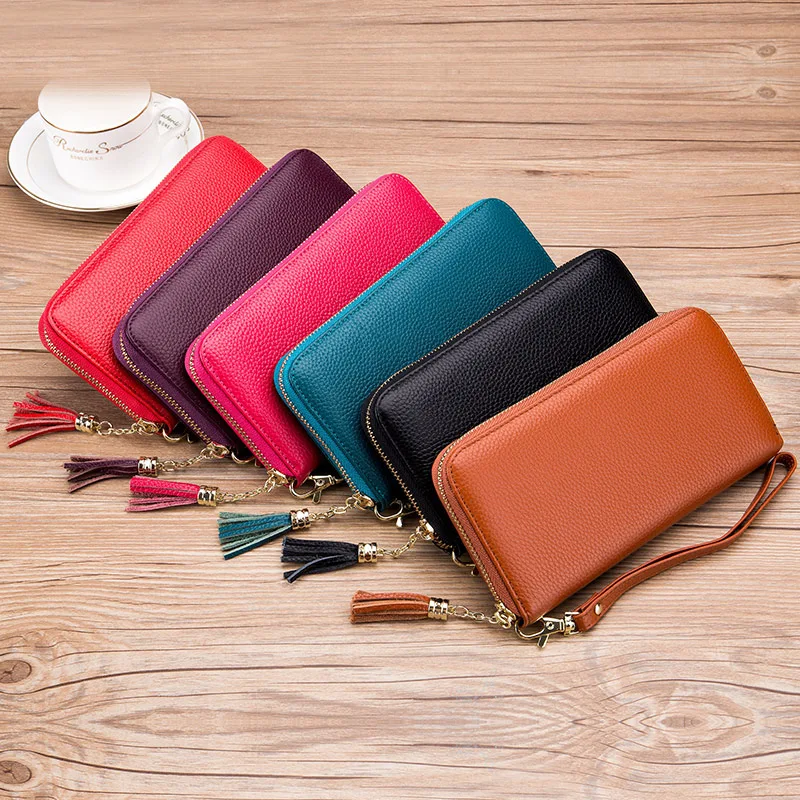 Genuine Leather Women Solid Long Wallets Ladies Tassel Design Clutch Female Phone Money Bag Coin Zipper Purse Rfid Card Holder 2