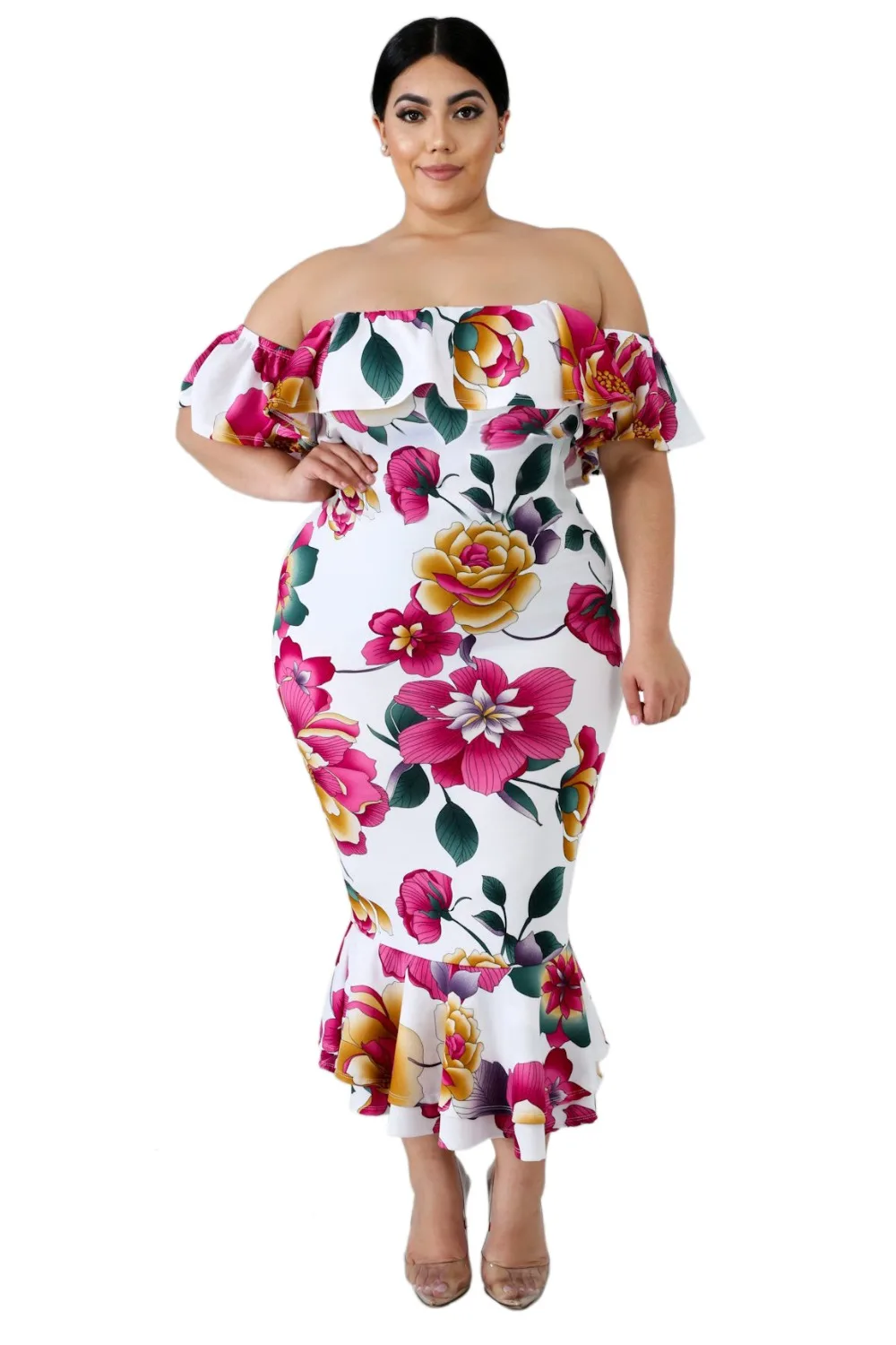 White-Off-the-shoulder-Floral-Mermaid-Plus-Size-Dress-LC611116-1-1