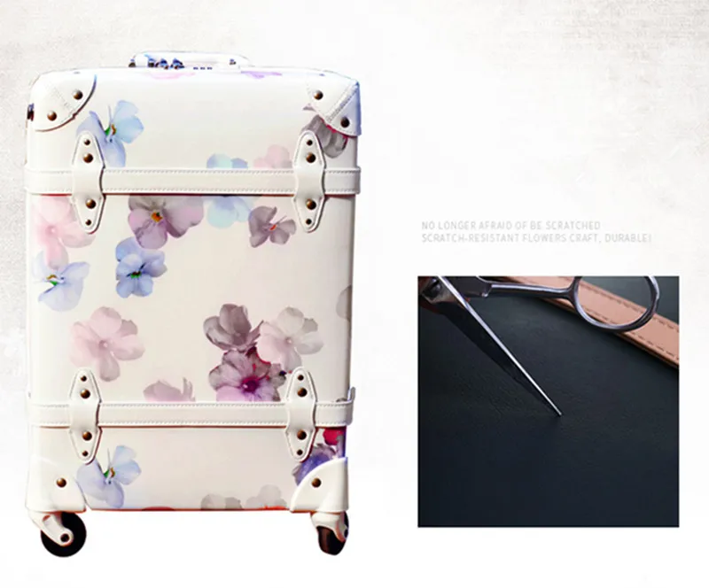 Винтажный чемодан, вишневый ретро чемодан для путешествий, Высококачественная полиуретановая сумка с принтом, вращающаяся сумка на колесиках, сумка для переноски, роликовая удочка