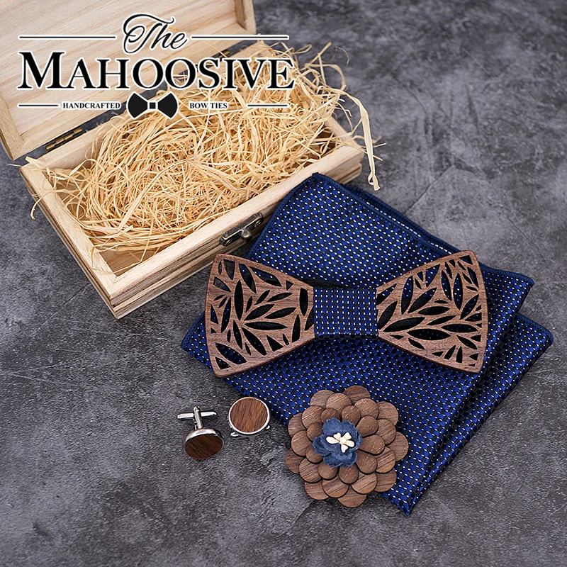  Paisley Wooden Bow Tie Handkerchief Set Men's Plaid Bowtie Wood Hollow carved cut out Floral design