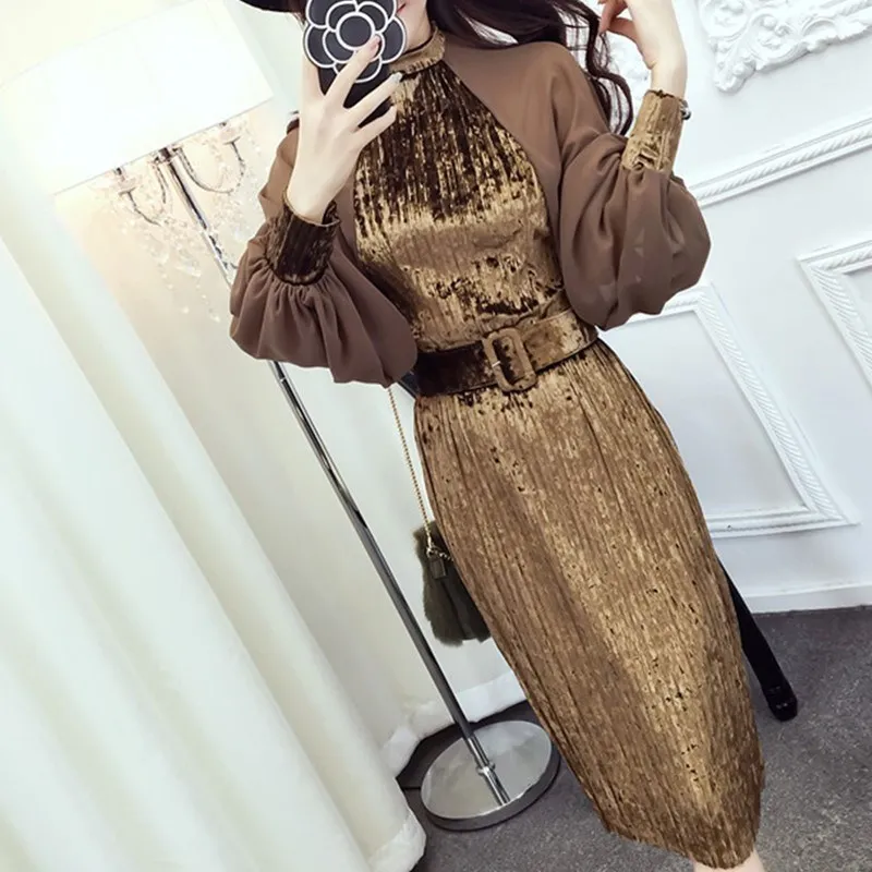 2018 Autumn Fashion Chiffon Lanterns Sleeve Velvet Patchwork Dresses Vintage Sashes Pleated Velvet Dress Dresses
