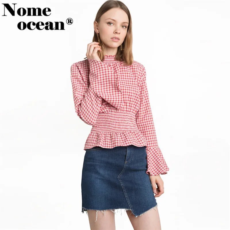 RED GINGHAM SMOCKED BELL SLEEVE TOP Plaid Blouses Elastic