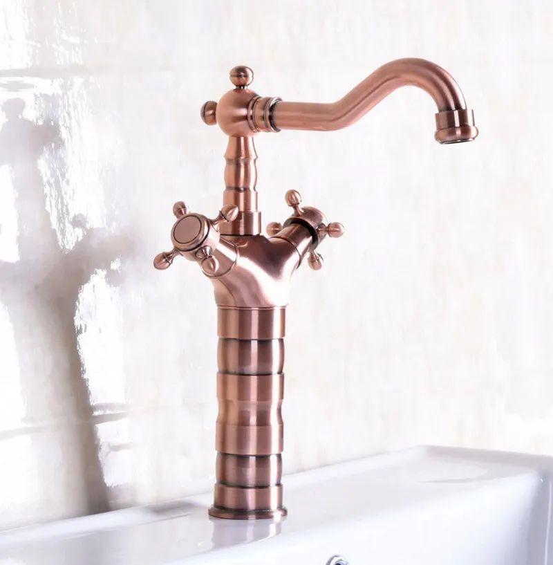 Antique Red Copper Brass Dual Cross Handles Bathroom Kitchen Basin Sink Faucet Mixer Tap Swivel Spout Deck Mounted mnf128