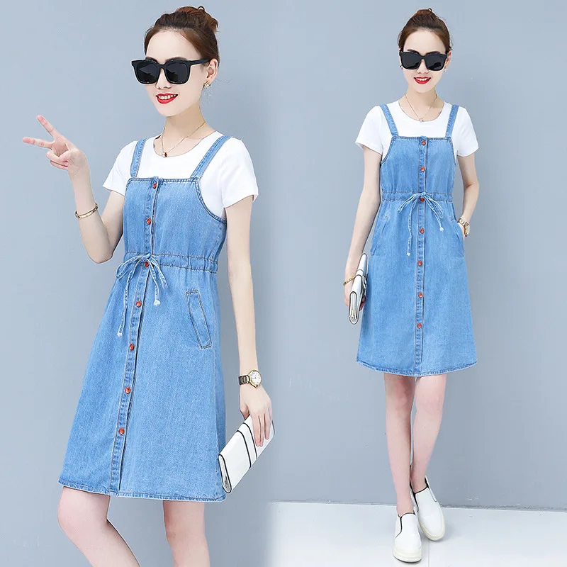 Summer Jeans Dress Women Shirt Washed Sleeveless Suspender Denim Dress Sundress Denim Mini Dress Female Plus Size 2 Piece Sets