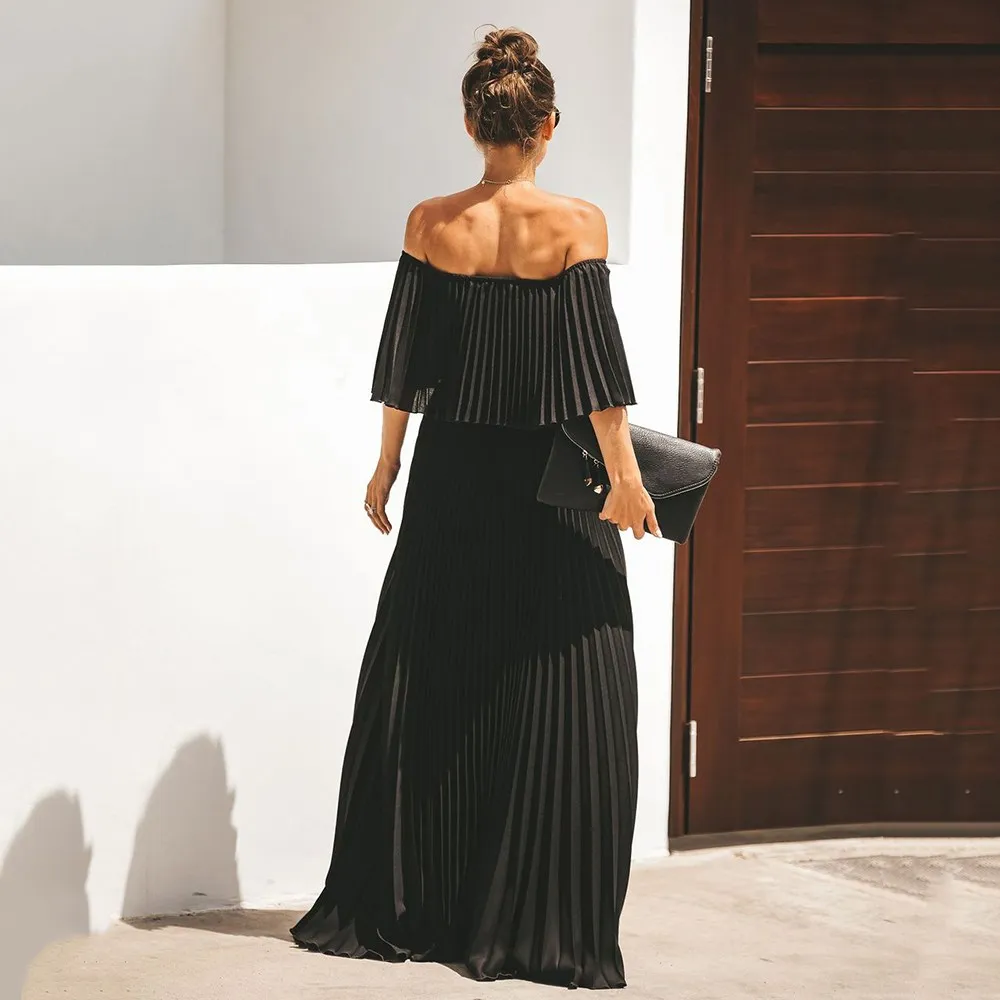 Длинное Плиссированное шифоновое платье с открытыми плечами для женщин осеннее Однотонное Платье макси с открытыми плечами элегантное вечернее платье с оборками vestidos