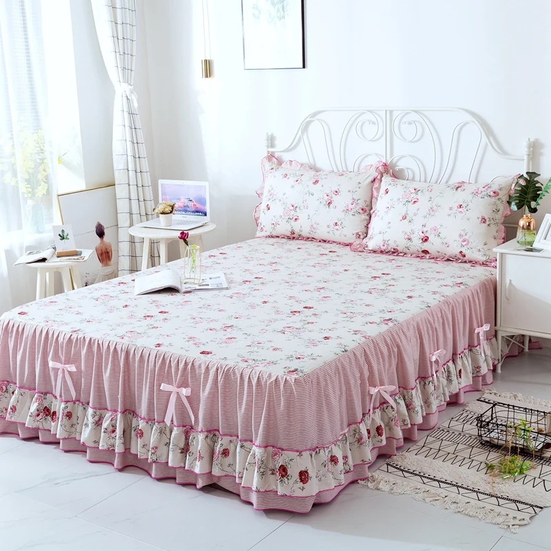 

Dropshipping Bow Decoration Floral Fitted Bed Sheet Pillowcase Bedding Set Flower Elastic Ruffled Bedspread Home Mattress Cover