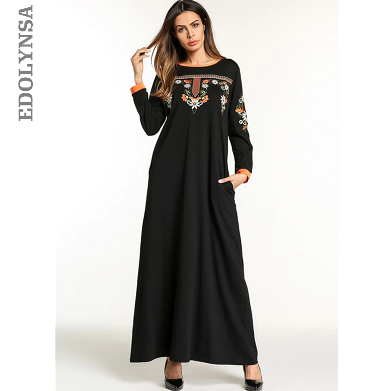 

Casual Maxi Dress Embroidered Long Sleeve Moroccan Kaftan Dubai Abaya Robe Loose Black Muslim Islamic Modest Women Clothing D453