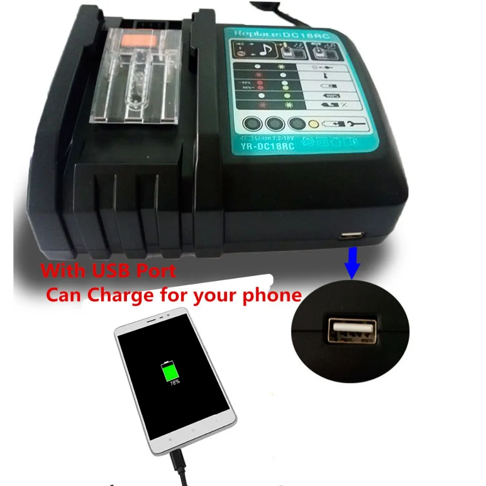 Зарядное устройство с USB портом для литий ионных аккумуляторов Makita DC14SA DC18SC DC18RA