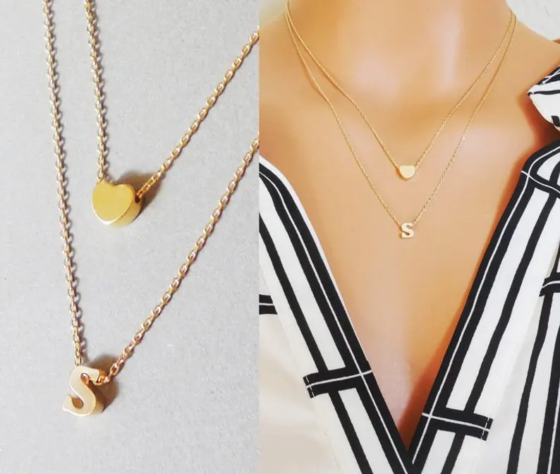 

Heart and Initial TWO SEPARATE necklace set.Gold Initial Layered Personalized Bridesmaid Gift Wedding Multi Strand Necklaces