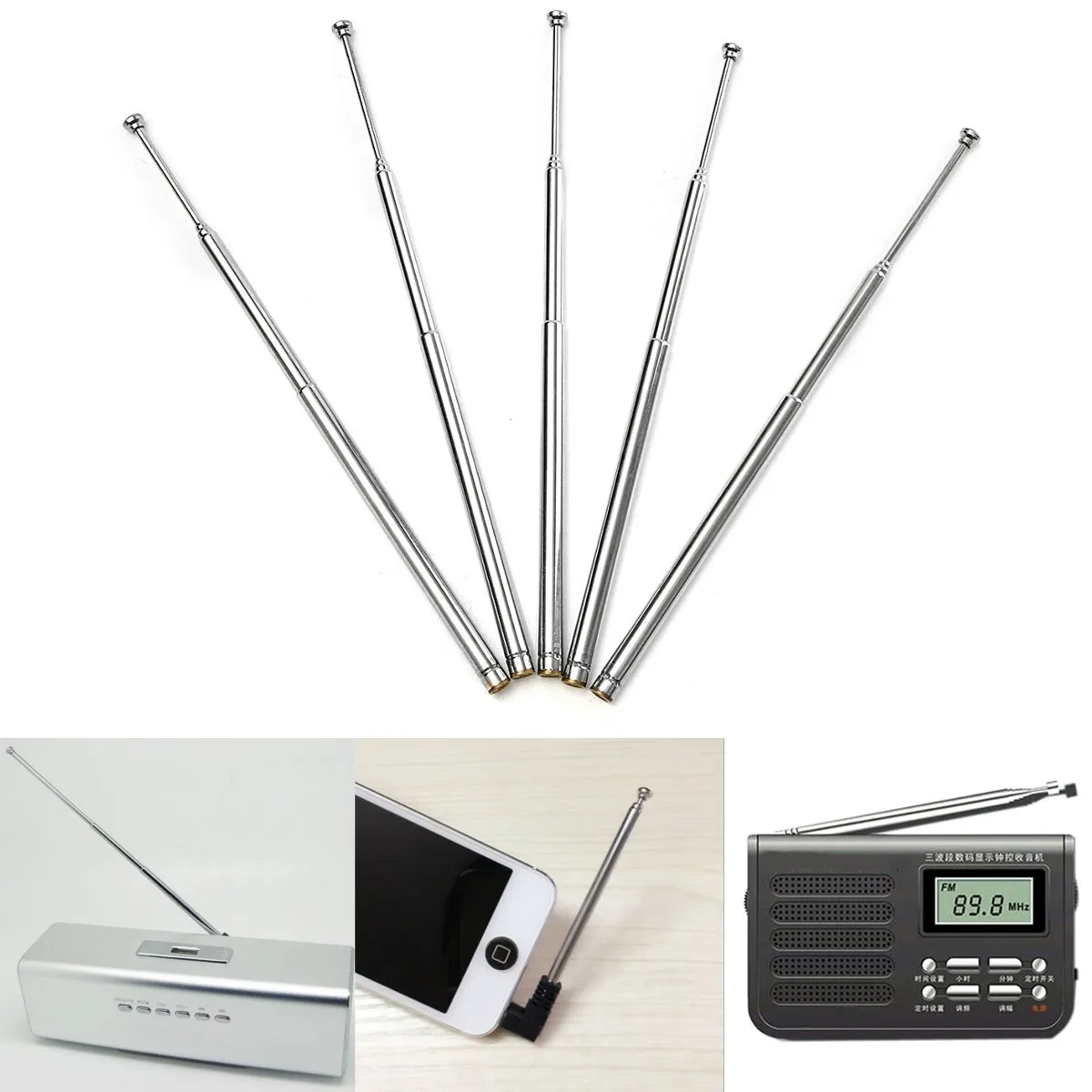 

5Pcs 30cm 5 Sections Telescopic Antenna Aerial TV FM Radio Cable Silver Telescopic Antenna Aerial Replacement Tool Connector