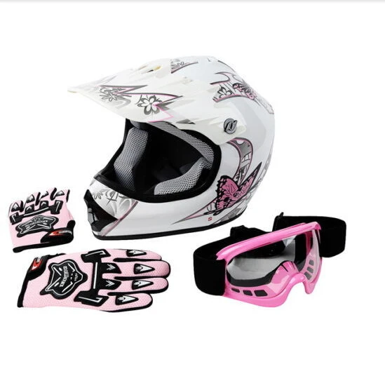 DOT Youth Hot Pink Butterfly Dirt Bike ATV Helmet Motocross+Goggles
