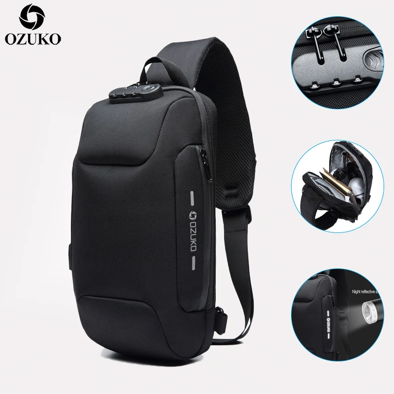 OZUKO جديد مكافحة اللص Crossbody حقيبة متعددة الوظائف USB شحن الصدر أكياس حزمة الذكور للماء قصيرة رحلة الكتف حقيبة ساعي