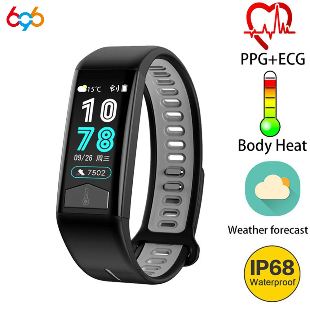 

696 T02 First Body Temperature Display Smart Bracelet IP68 Waterproof Heart Rate ECG Monitoring Weather Display Bracelet