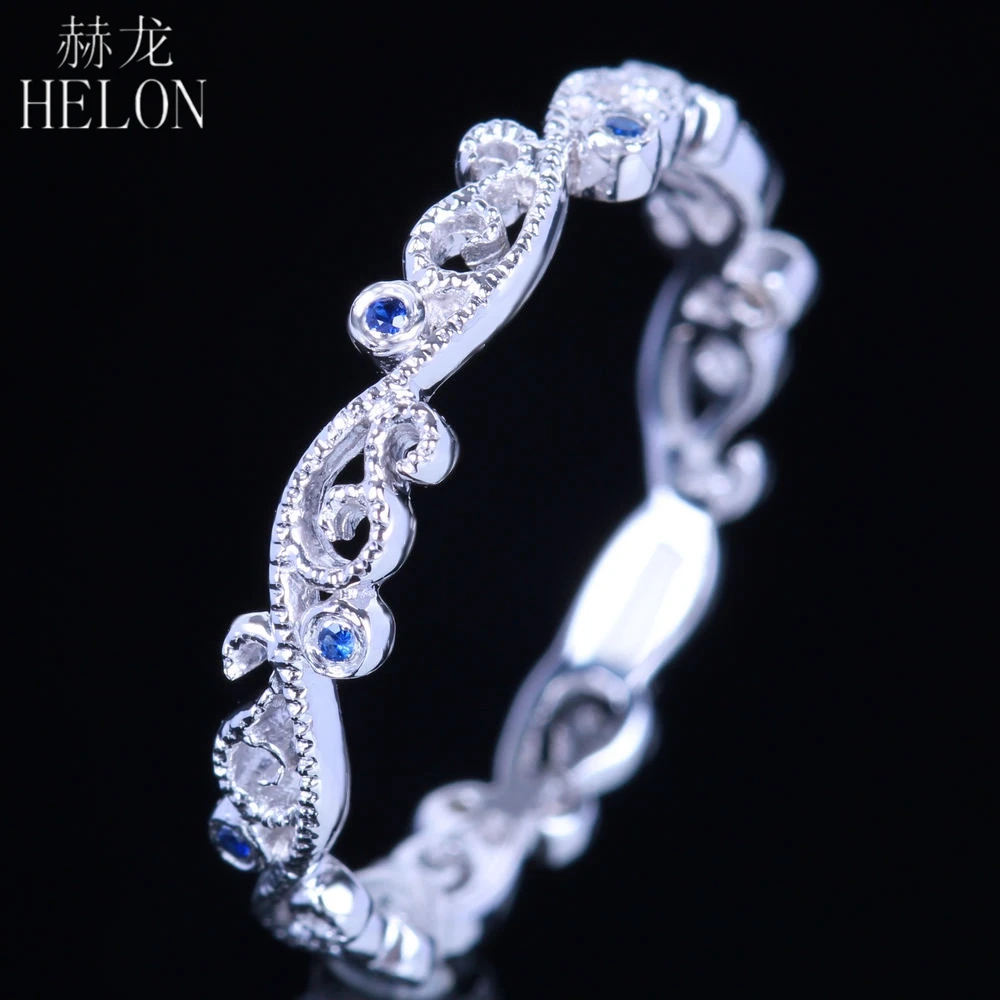 HELON Real 14k White Gold Engagement Wedding Genuine Sapphires Ring Art Deco Retro Antique Milgrain Style Band