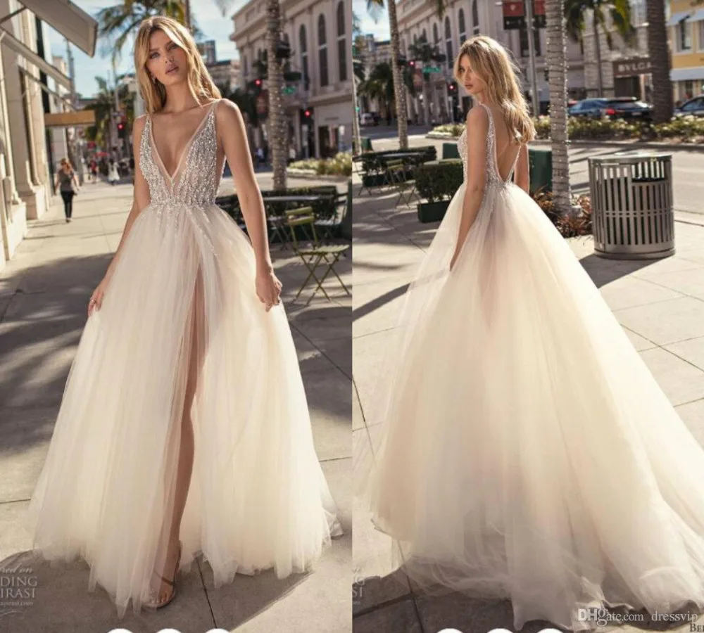 

2019 Bohemian Wedding Dresses Deep V Neck Lace Beaded Sequins Side Split Backless Beach Wedding Gown Court Train