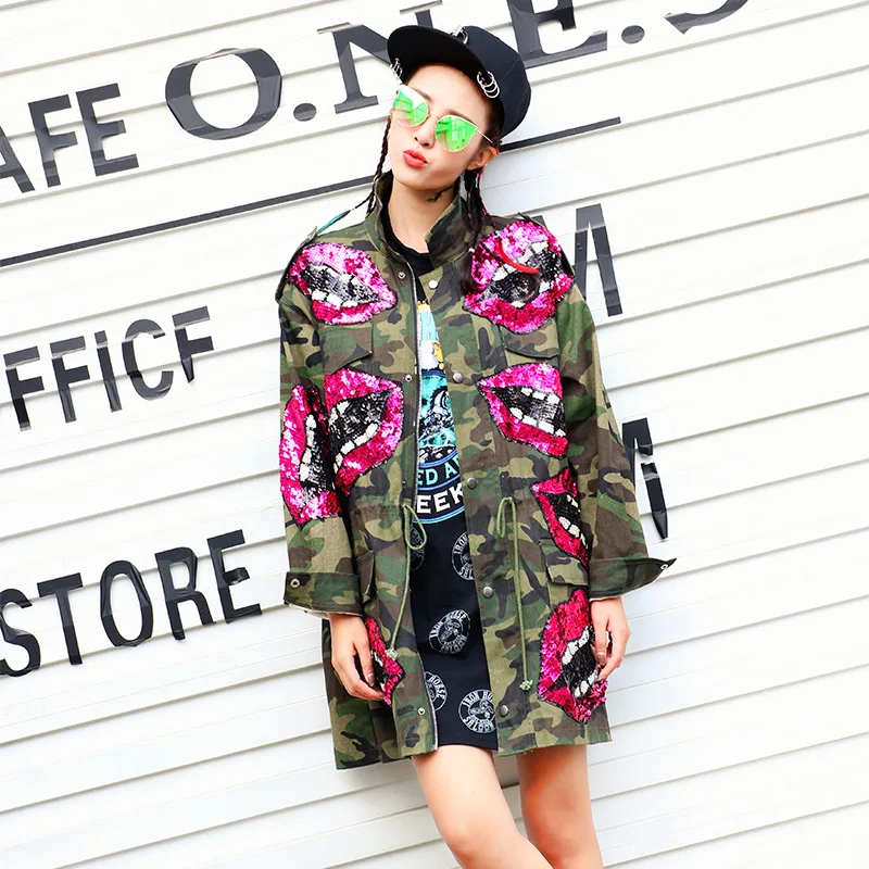 2018 Lips Sequins Beading Spring Jacket Coat Women Army Green Camouflage Women Bomber Jacket Casaco Feminino Women Basic Coats 2018 Lips Sequins Beading Spring Jacket Coat Women Army Green Camouflage Women Bomber Jacket Casaco Feminino Women Basic Coats