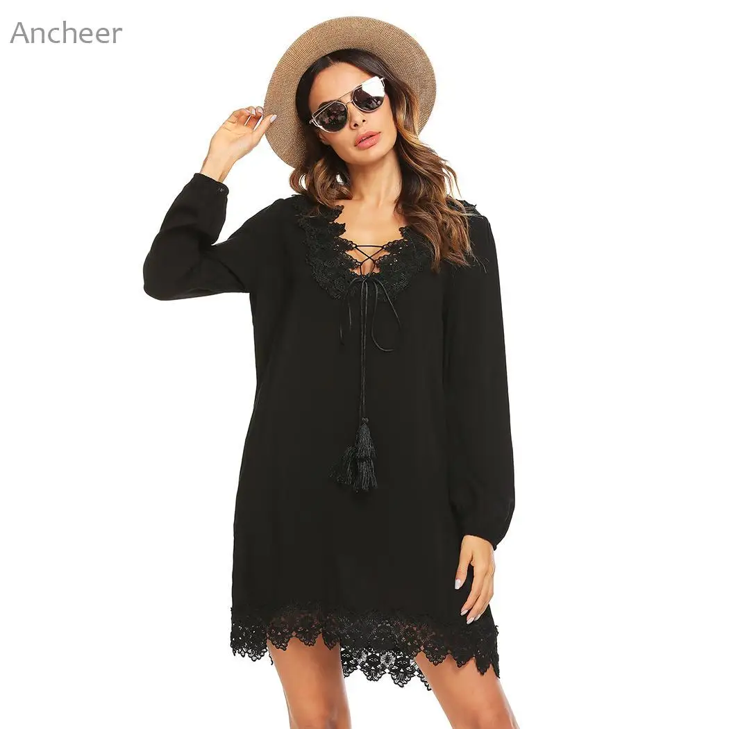 Summer V Neck Long Sleeve Beachwear Women Lace Patchwork Beach Cover